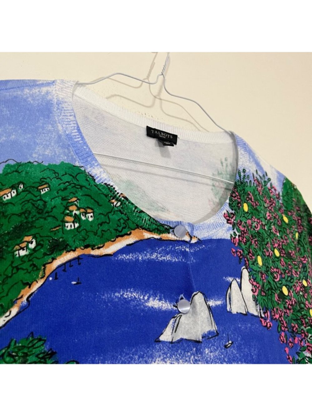 Talbots Charming Cardigan Sweater Capri Scene Lp Button Classic Coastal Novelty - Picture 10 of 16